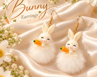 Cute Bunny Earrings with Carrot, Fluffy White Rabbit Dangle Earrings, Kawaii Easter Jewelry, Whimsical Spring Earrings, Bunny Lover Gift