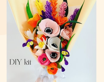 DIY felt flower bouquet kit- Felt flower bouquet for Mother&#39;s day, Ranunculus, Roses, Pansies, Anemone, Lilies, Lavenders, pansies etc.