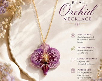 Real Orchid Necklace, Preserved Purple Orchid Pendant, Real Flower Jewelry, Botanical Necklace, Nature Inspired Gift for Her