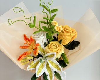 Crochet roses & lilies bouquet - mother's day, valentine's day, birthday, Roses, Lilies, Peapods, Orange Daylily Wrapped flower bouquet