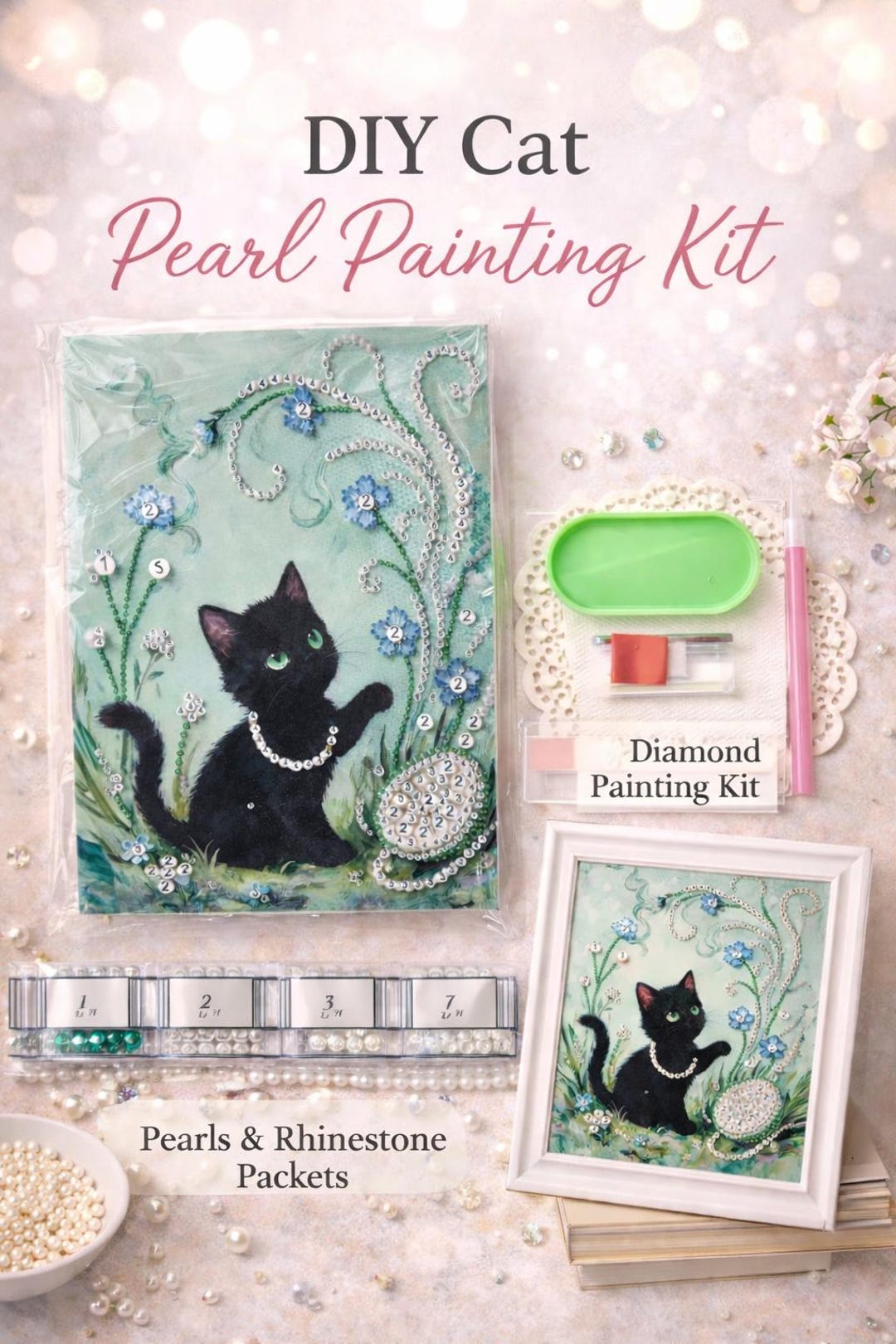 DIY Cat Pearl Painting Kit – Sticky Canvas No Glue Needed – Black Cat ...