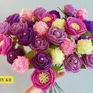 DIY Felt flower bouquet kit - Big purple & pink flower bouquet, , No Cutting, roses, hydrangea, carnations bouquet, Do it yourself kit