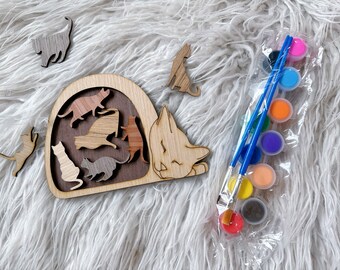 Wood Cat Puzzle with Acrylic Paints DIY Kit