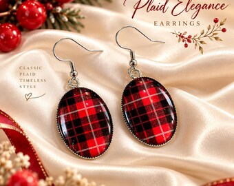 Red Black Plaid Earrings, Buffalo Check Dangle Earrings, Christmas Jewelry, Holiday Earrings, Rustic Winter Accessories, Stocking Stuffer