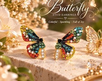 Colorful Butterfly Stud Earrings, Sparkling Rhinestone Butterfly Earrings, Whimsical Nature Inspired Jewelry, Cute Gift for Her