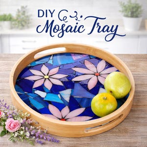 DIY Mosaic wooden tray, DIY food tray, mosaic glass diy kit - Pink flowers & Blue mosaic Tray, Father's Day Gift image 1