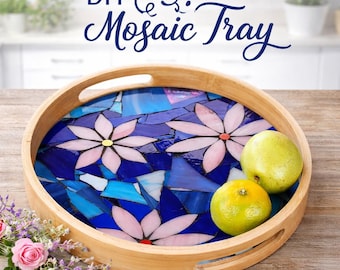 DIY Mosaic wooden tray, DIY food tray, mosaic glass diy kit - Pink flowers & Blue mosaic Tray