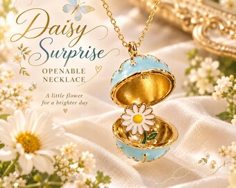 Daisy Surprise Egg Locket Necklace, Openable Blue Enamel Pendant, Hidden Flower Necklace, Easter Jewelry Gift, Whimsical Floral Jewelry
