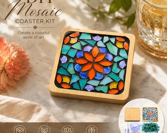 DIY Mosaic Coaster Kit, Colorful Flower Mosaic Craft Kit, Beginner DIY Art Project, Stained Glass Style Coaster, Craft Gift for Adults