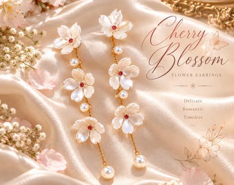 Cherry Blossom Flower Dangle Earrings, White Floral Pearl Drop Earrings, Romantic Long Statement Earrings, Bridal Wedding Jewelry Gift