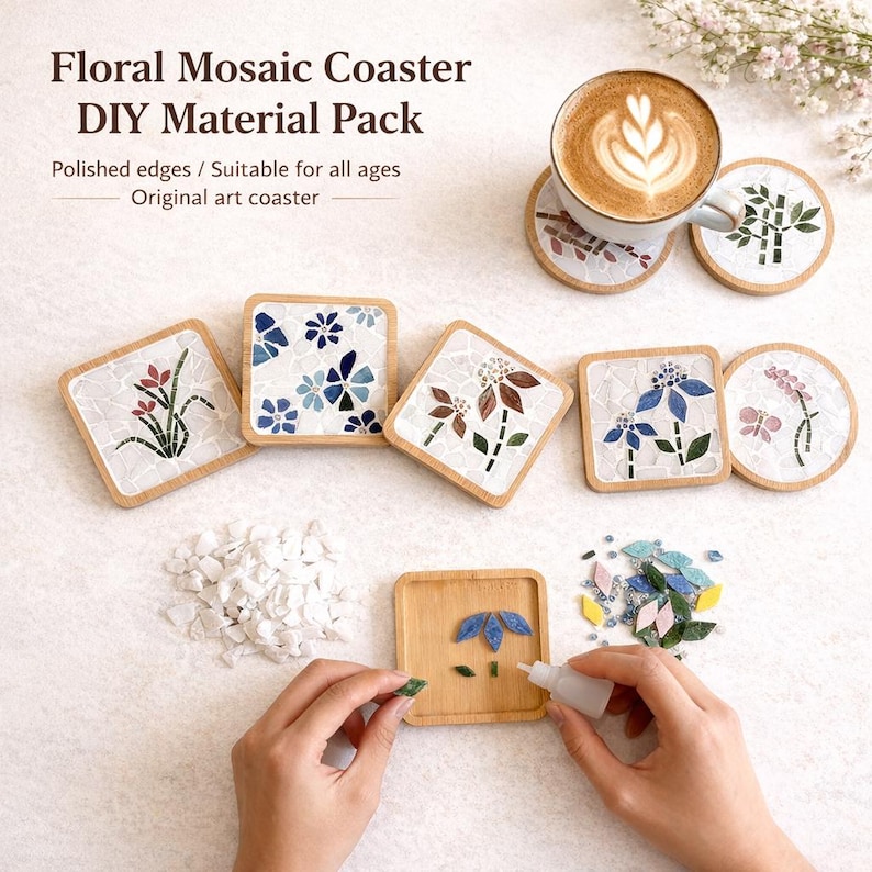 May include: Floral mosaic coaster DIY material pack with polished edges. The image shows square and round coasters with floral mosaic designs in various colors. The coasters are made of wood and mosaic tiles. The text on the image says "Floral Mosaic Coaster DIY Material Pack".
