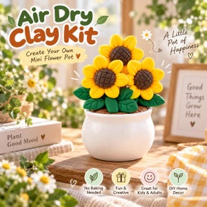 Kit para macetas de arcilla de secado al aire, kit de manualidades de mini girasoles, pequeño proyecto de arte con arcilla, kit de bricolaje sin hornear, regalo creativo para niños y adultos.