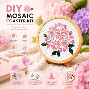 May include: DIY mosaic coaster kit with a floral design. The kit includes a wooden frame, mosaic tiles in shades of pink and white, and a guide. The finished coaster features a floral masterpiece, perfect for home decor.