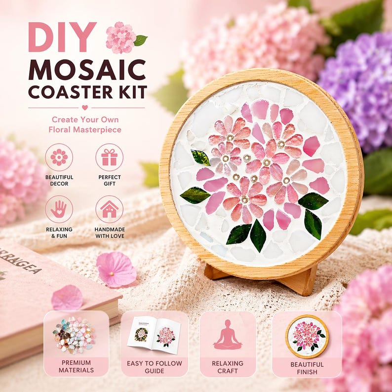 May include: DIY mosaic coaster kit with a floral design. The kit includes a wooden frame, mosaic tiles in shades of pink and white, and a guide. The finished coaster features a floral masterpiece, perfect for home decor.