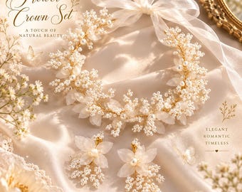 Pearl Flower Crown & Matching Earrings Set, White Floral Bridal Headpiece, Gold Vine Hair Wreath, Romantic Wedding Hair Accessories