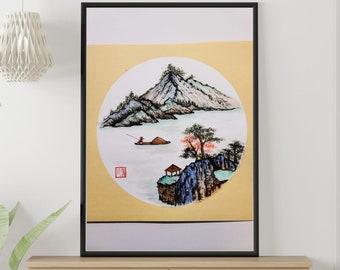 Original Hand Painted Wall art - Fishing Alone- Frame included, Asian wall art by artist Ling