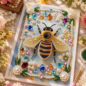 May include: A rectangular canvas featuring a central three-dimensional bee crafted from black and yellow beads. The bee is surrounded by a decorative border of white pearls, green seed beads, and various colorful faceted crystals and rhinestones.
