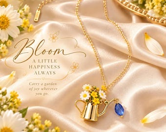 Daisy Watering Can Necklace, Floral Pendant Necklace, Gold Flower Jewelry, Whimsical Garden Necklace, Gardener Gift, Spring Jewelry