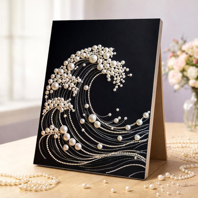 May include: A black rectangular display board featuring a decorative wave design created with white pearls of varying sizes and thin silver lines. The artwork is mounted on a wooden easel stand, showcasing a detailed, textured ocean wave motif.