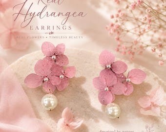 Real Pink Hydrangea Flower Earrings, Preserved Flower Pearl Drop Earrings, Botanical Statement Jewelry, Romantic Floral Earrings