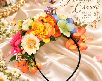 Colorful Wildflower Headband, Boho Floral Crown, Rainbow Flower Hair Accessory, Spring Summer Festival Headpiece, Fairy Garden Hairpiece