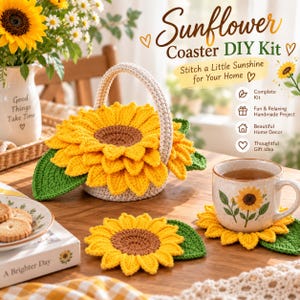 May include: A sunflower coaster DIY kit featuring a crochet basket filled with yellow and brown sunflower-shaped coasters, a matching coaster under a ceramic mug with a sunflower print, and text reading Sunflower Coaster DIY Kit.