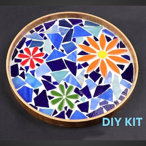 DIY Mosaic wooden tray, DIY food tray, mosaic glass diy kit - Colorful flowers & Blue mosaic Tray