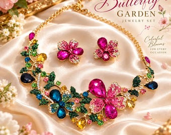 Colorful Floral Statement Necklace & Earrings Set, Pink Crystal Flower Jewelry, Gold Tone Garden Necklace, Romantic Botanical Jewelry Gift