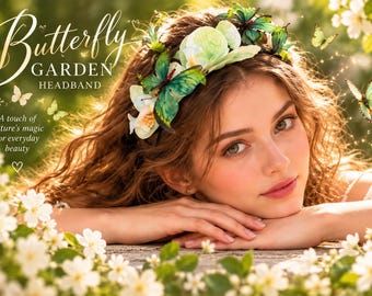 Green Butterfly Garden Headband, Fairy Floral Hair Crown, Woodland Butterfly Hair Accessory, Enchanted Forest Headpiece, Fairycore Costume