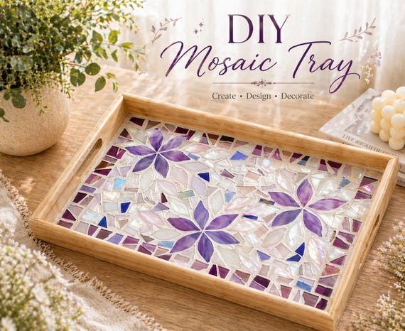 Personalized DIY Mosaic wooden tray, DIY food tray, mosaic glass diy kit -Purple flowers pearl rectangle tray