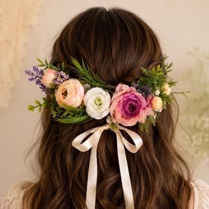 Puede incluir: Un accesorio floral para el cabello con un grupo de flores artificiales de ranúnculo en tonos rosa, blanco y magenta, ramitas de lavanda morada y follaje verde. El arreglo se asegura con una cinta de satén color crema larga y lisa atada en un lazo.
