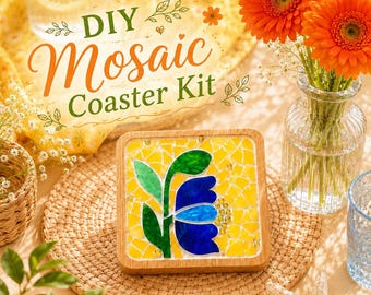 DIY Blue Flower Mosaic Coaster Kit | Beginner Mosaic Craft Kit for Adults & Teens | Handmade Gift | Glass Art Coaster DIY Kit