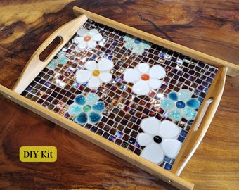 DIY Mosaic wooden tray - mosaic diy kit - Serving tray, rectangle white and blue flowers food tray, diy Christmas gift