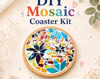 May include: A DIY mosaic coaster kit with a wooden frame. The coaster features a colorful mosaic design with red, yellow, blue, and green glass pieces arranged in a floral pattern. The text "DIY Mosaic Coaster Kit" is displayed at the top.