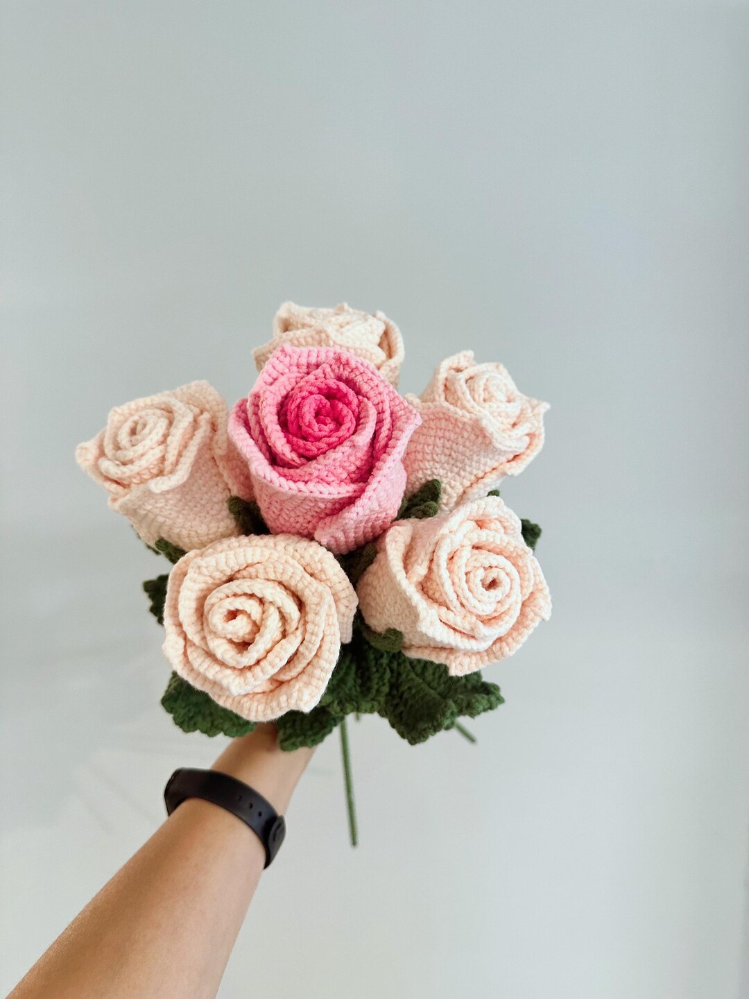 Pink Crochet Roses Handmade Crochet Rose Bouquet – Pink & Blush Roses With Green Leaves ...