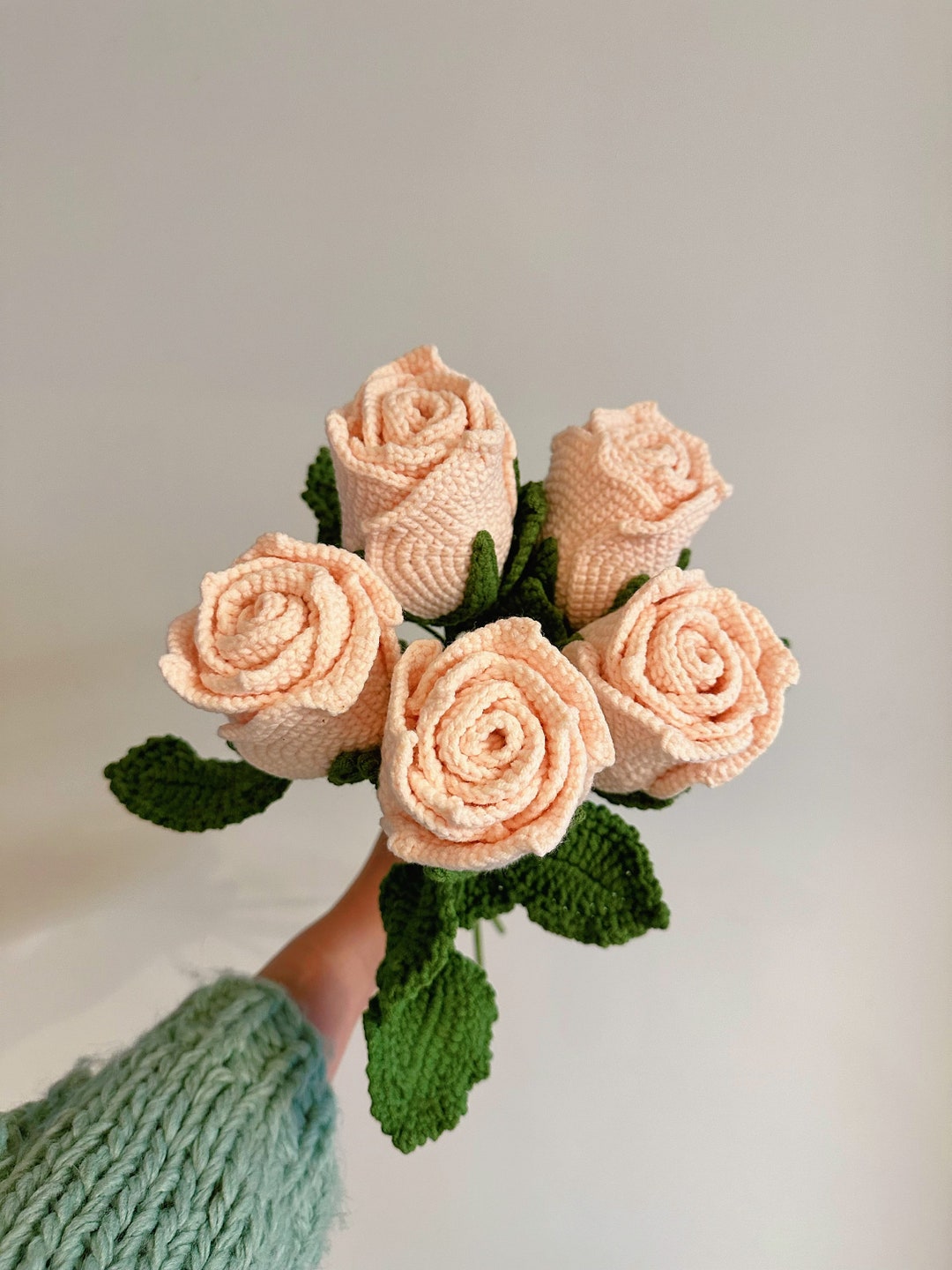 Pink Crochet Roses Crochet Pink Roses Bouquet - Handmade Finished Roses, 5 Stems, Wrapped ...