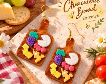 Charcuterie Board Earrings, Mini Cheese Board Dangle Earrings, Cute Food Jewelry, Wine Lover Gift, Cheese Lover Gift, Quirky  Earrings