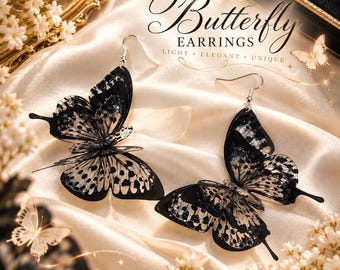 Black 3D Butterfly Earrings, Hard Plastic Butterfly Dangle Earrings, Gothic Fairycore Statement Jewelry, Nature Inspired Gift for Her