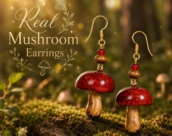 Real Mushroom Earrings, Red Mushroom Dangle Earrings, Woodland Jewelry, Cottagecore Earrings, Forestcore Jewelry, Nature Lover Gift