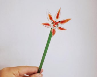 Handmade Glass Lily Flower Stick, Clear Glass Flower Art, Artisan Glass Sculpture, Minimalist Desk Decor, Unique Handmade Gift