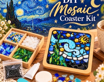 Starry Night Mosaic Coaster DIY Kit | Van Gogh Inspired Craft Kit | Beginner Friendly Art Kit | Relaxing DIY Gift, Holiday Gift (1 Coaster)