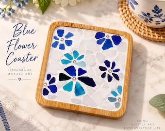 DIY Blue Flower Mosaic Coaster Kit – 1 Coaster Included, Floral Mosaic Craft Kit, Make Your Own Coaster, Beginner Adult Craft Gift