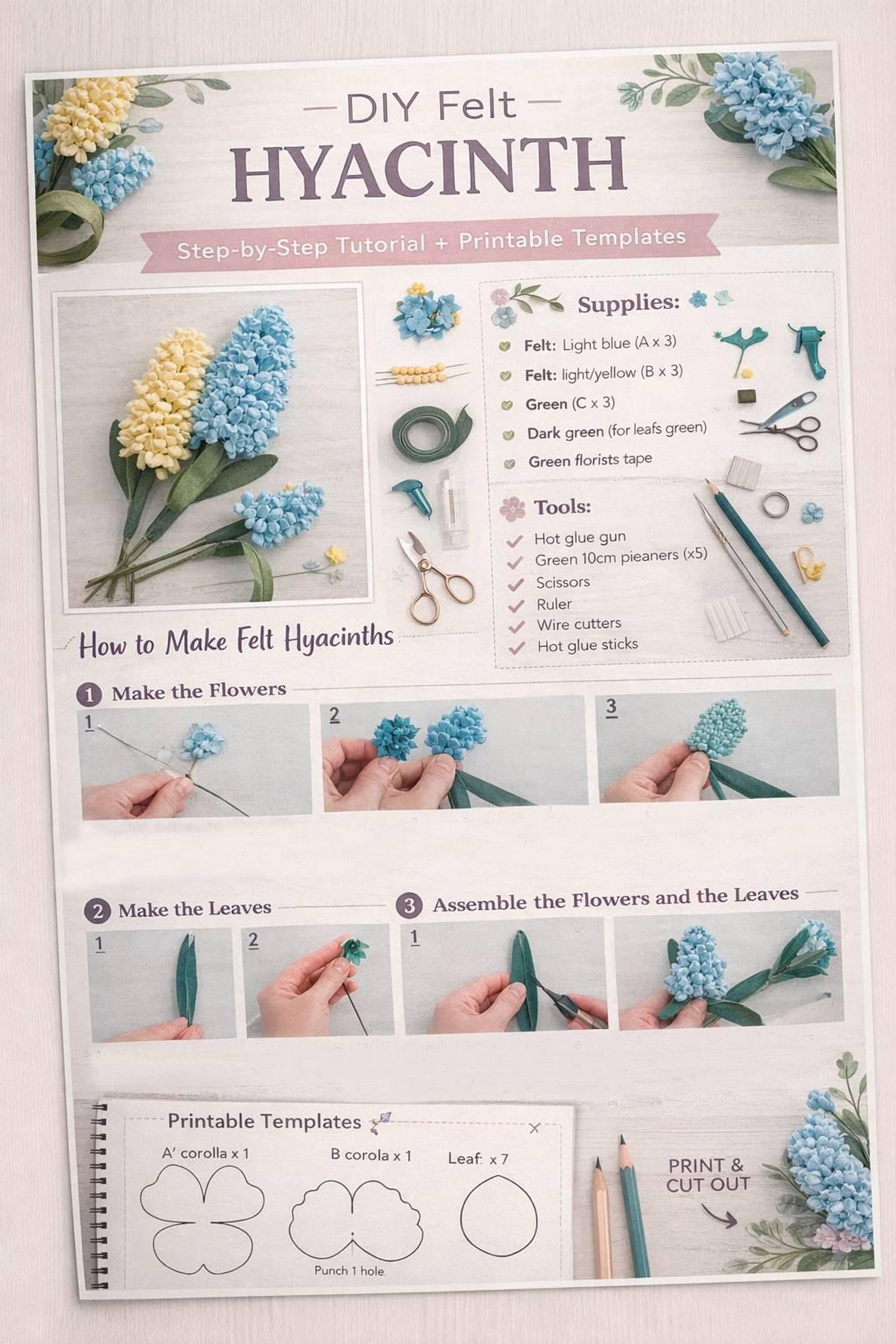 DIY Felt Hyacinth Pattern PDF | Printable Felt Flower Template | Spring ...
