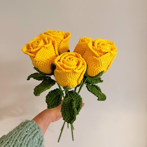 Crochet Yellow Roses bouquet - handmade finished roses, 5 stems, wrapped for gifts, mother's day, valentine's day gift