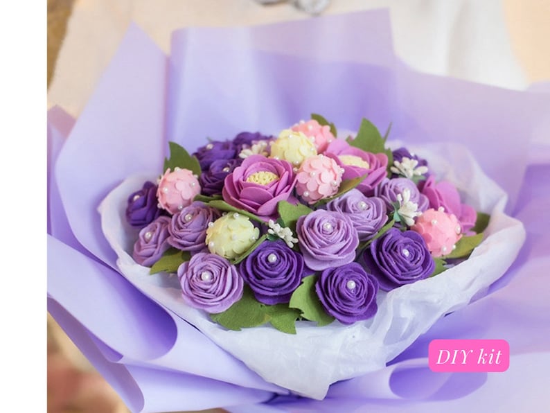 DIY Felt Flower Bouquet Kit Big Purple & Pink Flower Etsy
