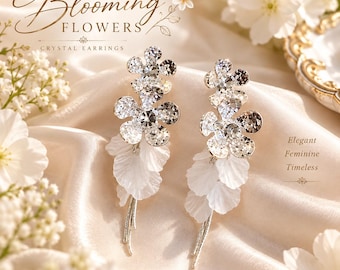 Silver Tone Crystal Flower Dangle Earrings, White Floral Statement Earrings, Elegant Bridal Jewelry, Romantic Wedding Earrings, Gift for Her