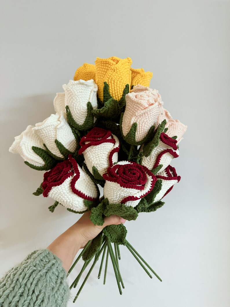 Crochet Big Colorful Roses Bouquet Handmade Finished Roses, 15 Stems