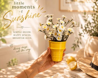 Daisy Ice Cream Cone Decor, Faux Daisy Flower Arrangement, Yellow Cone Planter, Summer Floral Decor, Cute Desk Decor, Unique Gift
