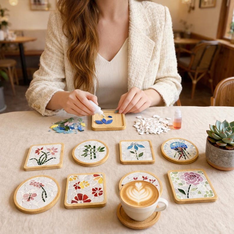 May include: A collection of mosaic coasters with floral and nature-inspired designs. The coasters are square and round, with a light wood border. A cup of coffee with latte art sits on a coaster. A person is shown crafting a coaster.