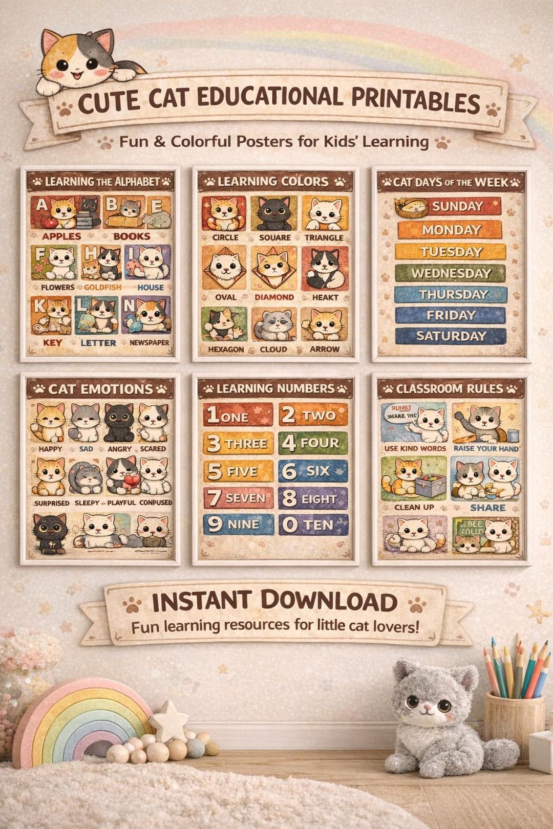 Cat Educational Posters Bundle | Preschool Printable Wall Art (digital ...